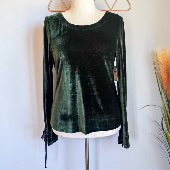 Anthropologie, New Hunter Green Velvet Lace-up Open Back Shirt Top Size Large - Picture 4 of 13